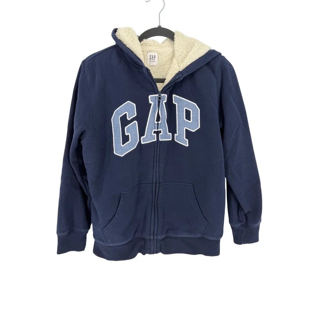Gap Kids Navy Blue Sherpa Lined Full Zip Logo Hoodie Sweatshirt XXL 14-16